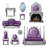A set of furniture and accessories for living room interior in grey and purple. Vintage style. Vector illustration.