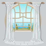 The ornate curtain in the interior. Vector illustration.