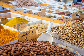 Traditional almonds and pistachios market in South Italy