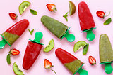 organic homemade fruit ice cream - strawberry and kiwi fruit