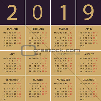 Calendar 2018 year. Week starts with Monday.