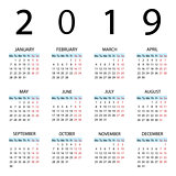 Calendar 2019 year. Week starts with Monday.