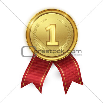 Golden realistic medal with red ribbons isolated on white backgr