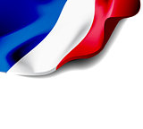 Waving flag of France close-up with shadow on white background. Vector illustration with copy space