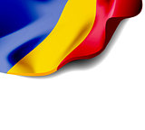 Waving flag of Romania close-up with shadow on white background. Vector illustration with copy space