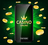 Online Internet casino label with money coins. Casino jackpot winner poster gamble with text. Playing Web poker success concept. Vector illustration