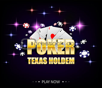Internet casino banner with glowing lamps for online casino, poker, card games, texas holdem. Poker poster with chips and playing cards. Vector illustration
