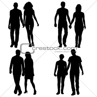 Set couples man and woman silhouettes on a white background