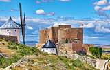 Wind mills and vintage fortress in Consuegra