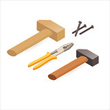 Pliers, hammer, screwdrivers. Isometric construction tools.