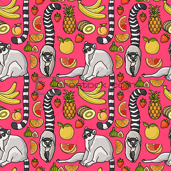 Seamless pattern with cute cartoon lemur, tropical fruit.
