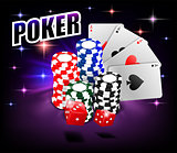 Casino Gambling Poker background design. Poker banner with chips, playing cards and dice. Online Casino Banner on shiny background. Vector illustration.