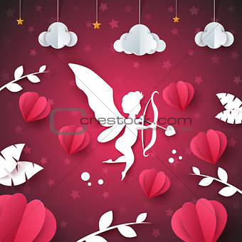 Cupid, angel, heart - paper illustration. Cloud, star, leaf.