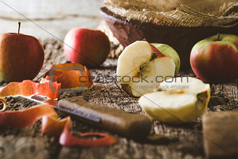 Peeled apple on table