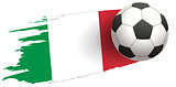 Soccer ball strike flight against background of italy flag