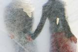 young couple behind transparent curtain