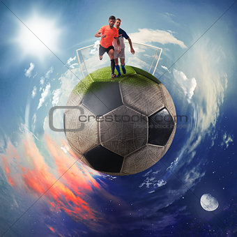 Football players in a soccer ball planet