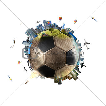 Global view of soccer world. football ball as a planet