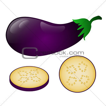 Dark purple eggplant and its pieces isolated on white background