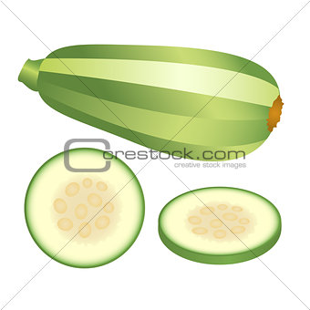 Light green zucchini and its pieces isolated on white background