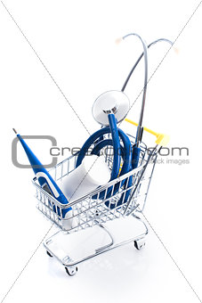 Medical equipment supplies in a shopping cart