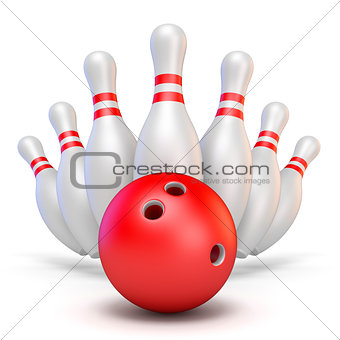 Red bowling ball and scattered pins 3D rendering illustration on