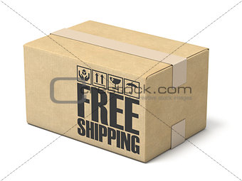 Free shipping cardboard box 3D rendering illustration on white b