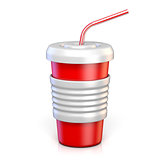 Red paper glass with drinking straw 3D rendering illustration on