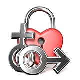 Heart shaped padlock, male and female sign 3D