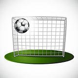 Ball on soccer goalpost with net background.