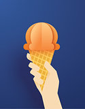 Hands holding ice cream cone on a blue summer background. Paper 