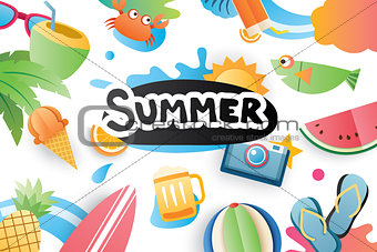 Summer cute symbol icon elements for beach party on white backgr