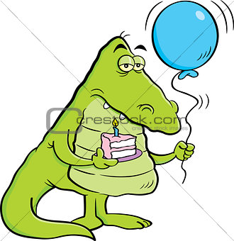 Cartoon Alligator Holding a Piece of Cake and a Sign
