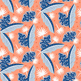 Blue and red tropic island leaves pattern for summer seamless prints.