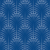 Art deco palm leaves geometry arch blue seamless pattern.
