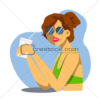 Vector creative cartoon illustration. Cute young woman drinks soda, cocktail or milkshake at the beach bar. Girl in glasses.