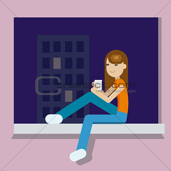 Girl with the cup of tea at the evening after working day Girl drinking the tea sitting on windowstill, looking at te night city at night and relaxing after hard day