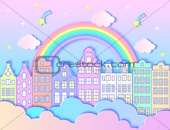 city, rainbow,stars, and clouds.