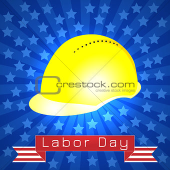 Labor Day in the United States. 3 September. Construction helmet, tape with text - event name. Blue rays, stars.