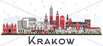 Krakow Poland City Skyline with Color Buildings Isolated on Whit