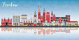 Krakow Poland City Skyline with Color Buildings, Blue Sky and Re
