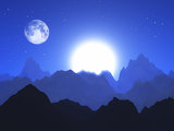 3D abstract landscape with moon and sun