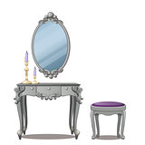 A vintage table for cosmetics and a mirror with frame, isolated on white background. Vector illustration.