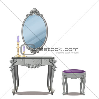 A vintage table for cosmetics and a mirror with frame, isolated on white background. Vector illustration.