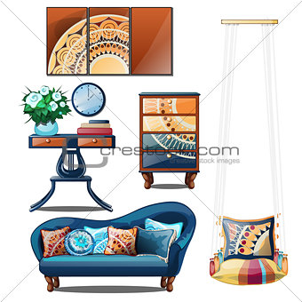 Interior with colorful ornaments isolated on a white background. Vector illustration.