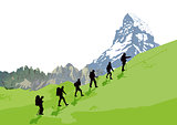 Climber in front of mountain scenery, illustration