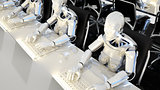 Robots of the future work in offices on computers. 3D rendering