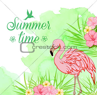 Green watercolor background with flamingo