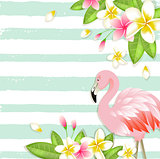 Tropical background with flowers and flamingo