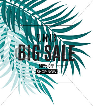 Abstract Tropical Summer Sale Background with Palm Leaves. Vector Illustration